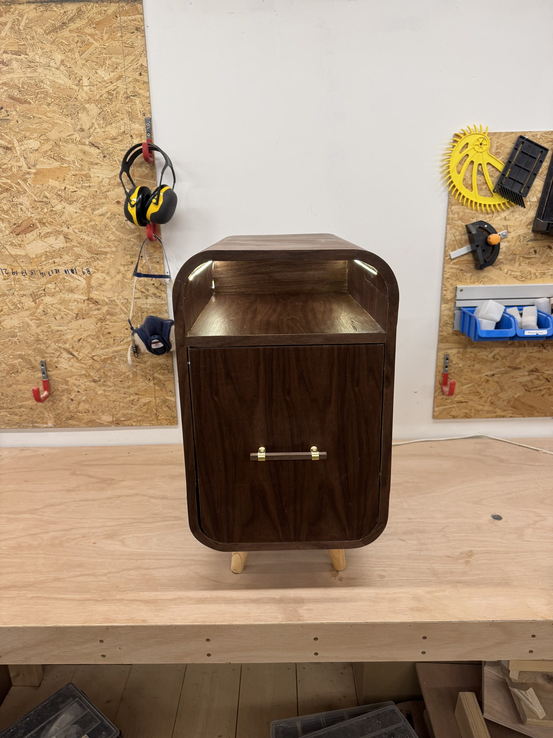 Curved nightstand — black walnut veneer · finished piece